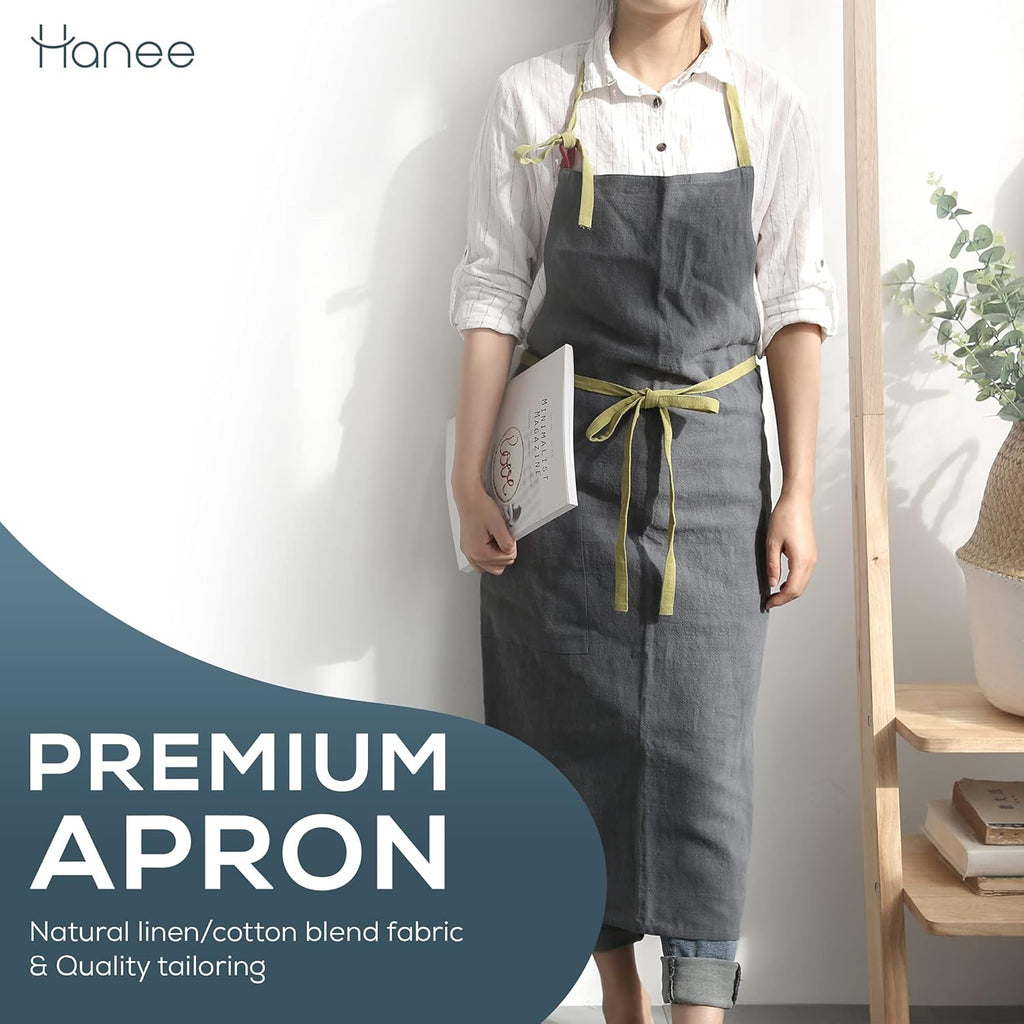 HANEE Kitchen Apron for Women & Men (9 Colors) Linen Cooking Aprons with pocket