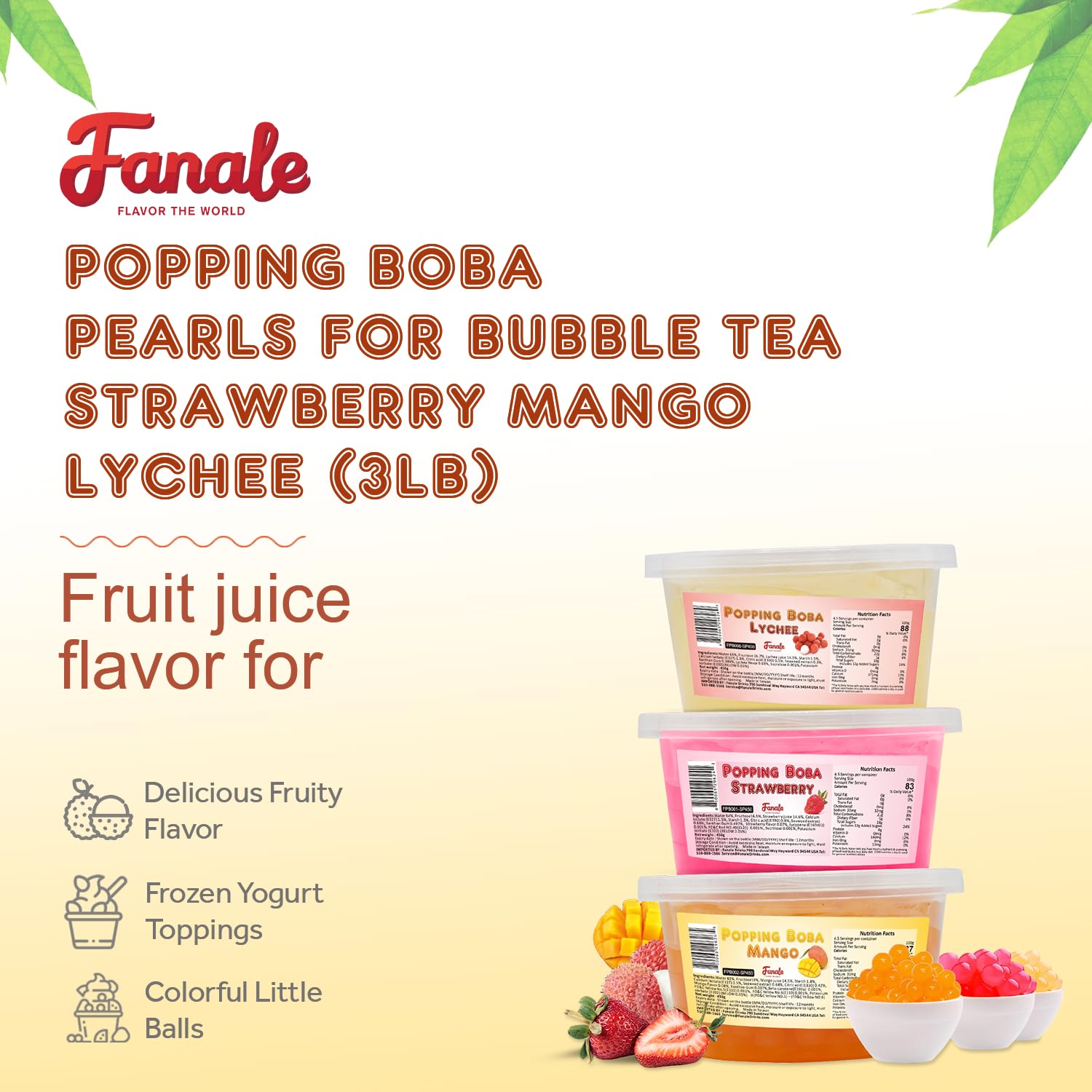 Fanale Strawberry Mango Lychee Popping Boba Pearls, Vegan, Non GMO, Gluten Free, Fat Free, Perfect for Bubble Tea, Smoothies, Ice Cream, Desserts, and Beverages 3 lb (1 lb X 3)