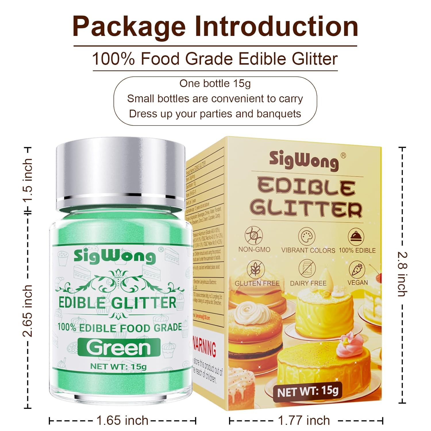 Green Edible Glitter - 15g Food Grade Luster Dust Powder, Cake Decorating Sprinkle Glimmery Dust for Drinks, Wine, Fondant, Chocolate, Candy, Cookie, Vegan