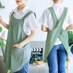 NEWGEM Japanese Linen Cross Back Cooking Aprons for Women Men with Pockets Cute for Baking Kitchen
