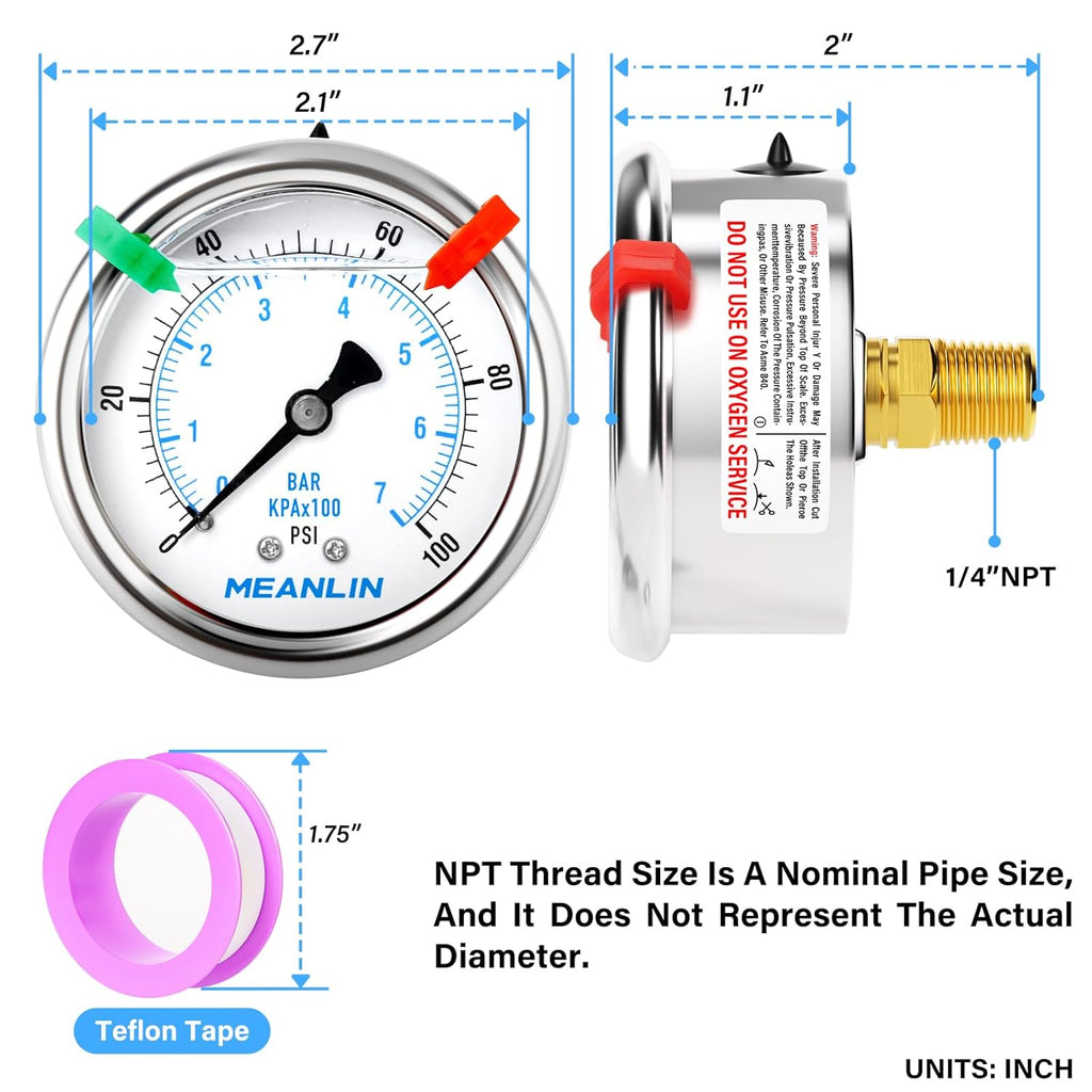 MEANLIN MEASURE 0~100Psi Liquid Filled Pressure Gauge 1/4" NPT 2.5" FACE DIAL Stainless Steel Glycerin Filled WOG Water Oil Air Back Mount (with 2PCS Snaps)