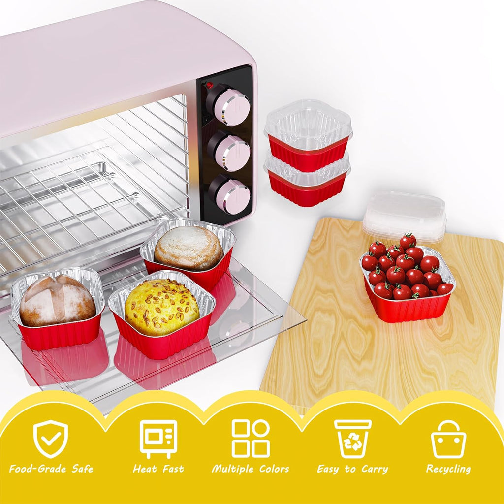 25 Pack Square Mini Cake Pans with Lids,Mini Loaf Pans with Lids,Aluminum Foil Baking Cups,Disposable Ramekins Cupcake Cups,Dessert Cups for Wedding Birthday Party Picnics,5oz (Red)