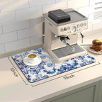 Bloss Dish Drying Mat, 12.2"x19.7" Absorbent Coffee Bar Mat with Waterproof Rubber Back, Fit Under Coffee Maker Machine/Kitchen Counter(Ink Cyan Flower)