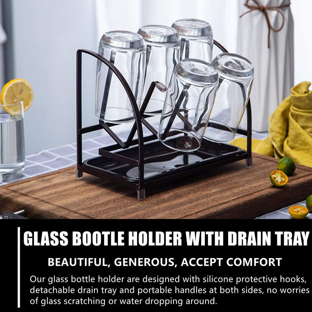RHBLME 2 Packs Glass Drying Rack, Vertical Bottle Drying Rack Glass Bottle Holder with Drain Tray, Silicone Protective Hooks, Carbon Steel Non Slip Cup Mug Organizer for Glass Coffee Mug Countertop