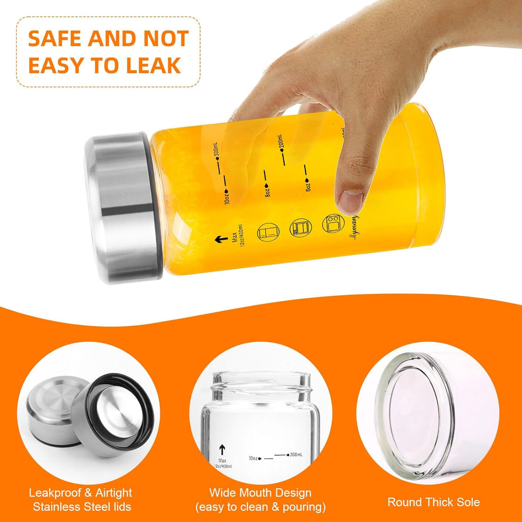 Glass Juice Bottles 4 Pack 12 oz - Wide Mouth Glass Water Bottles with Lids - for Juicing, Smoothies, Milk, Protein, BPA Free, Reusable, Stainless Steel Lids, Leak Proof, Shaker bottle [12oz/400ml]