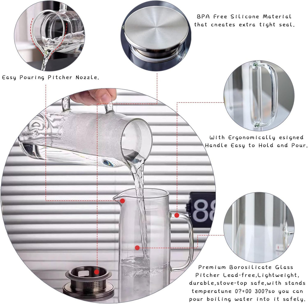 hjn Glass Pitcher with Lid Glass Water Carafe with Handle, Fridge Water Jug Cold or Hot Beverages, Iced Tea, Milk, Juice 1500ml/51oz & aluminum lid