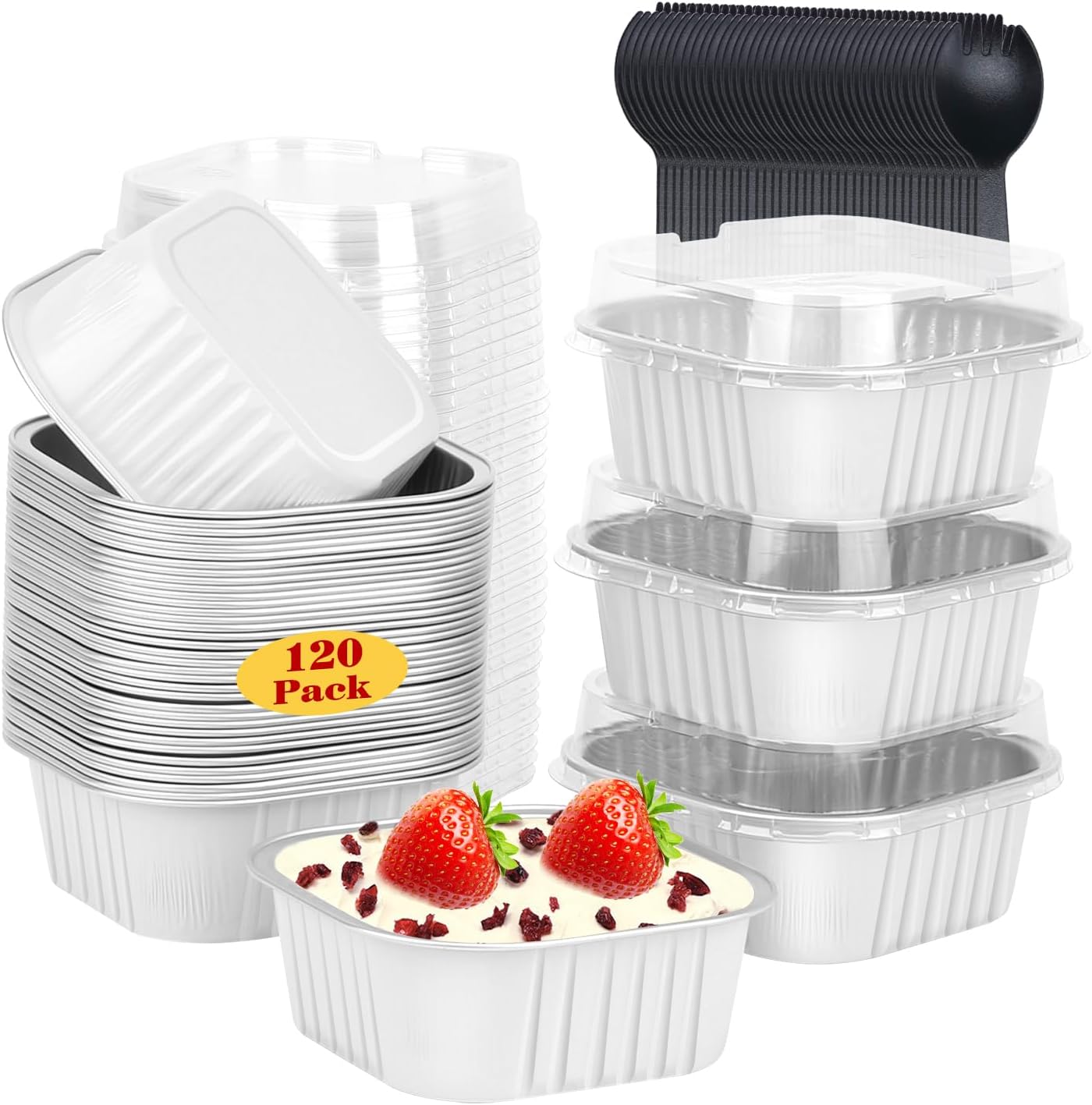 LNYZQUS 120pack/10oz Mini Cake Baking Pans with Lids, 4”X4” Small Cake Pan Foil Brownie Tins, Square Disposable Ramekins Cupcake Baking Cups Dessert Cheesecake Containers-White
