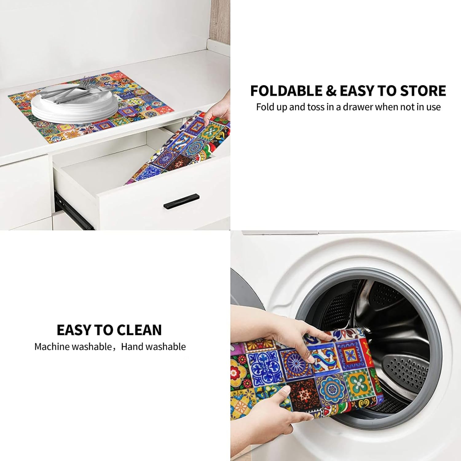 Bohemian Chic Floral Dish Drying Mat, Highly Absorbent Microfiber Kitchen Counter Pad Reusable Washable, 16*18"