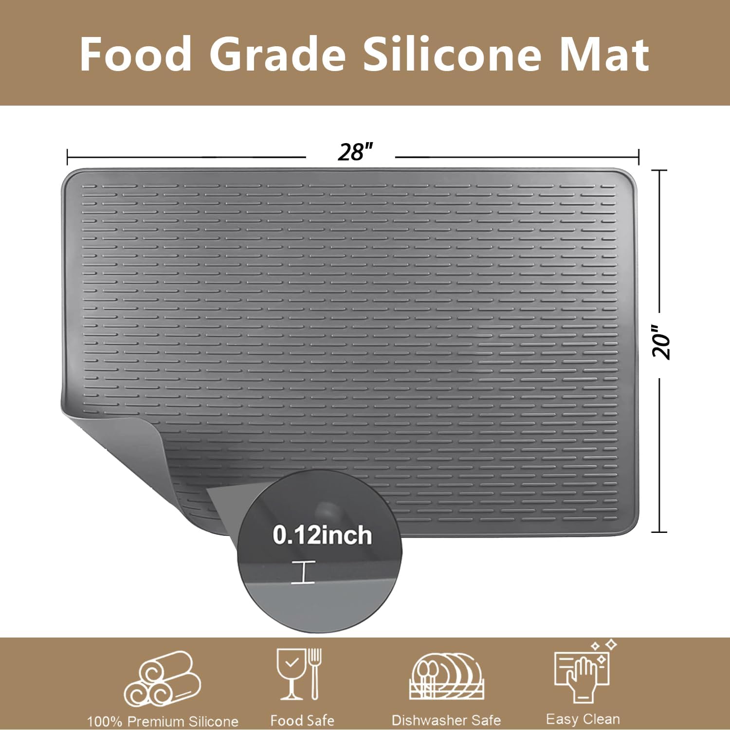 Golener Silicone Large Dish Drying Mat - 28" x 20" Stove Top Protector for Electric Stove, Food Grade, Foldable, Easy Clean, Heat-resistant Silicone Mat for Glass Stove Cooktop, Stove Top Cover, Grey