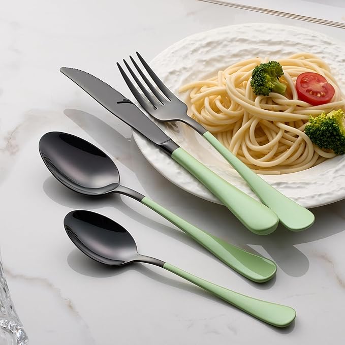 20-Pieces Green and Black Silverware Sets for 4,Green Handle Stainless Steel Cutlery Set, Include Forks Spoons and Knives Set, Dishwasher Safe Utensil Sets for Home Restaurant