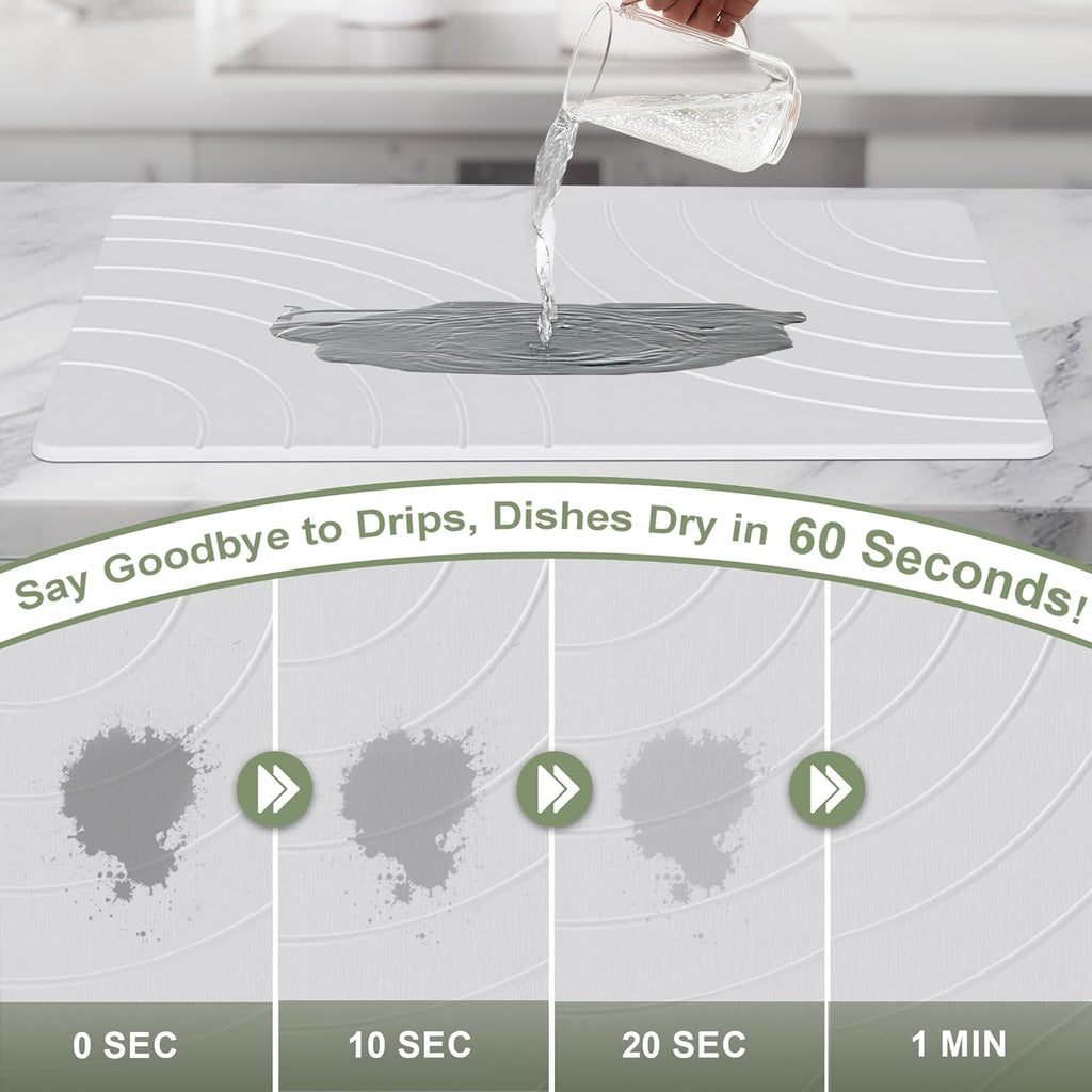 Large Stone Drying Mat for Kitchen Counter, 24" × 16" Diatomite Dish Drying Mat, Quick Dry Stone Mats, Ultra Absorbent Natural Diatomaceous Earth Mats for Dished, Bottles, White