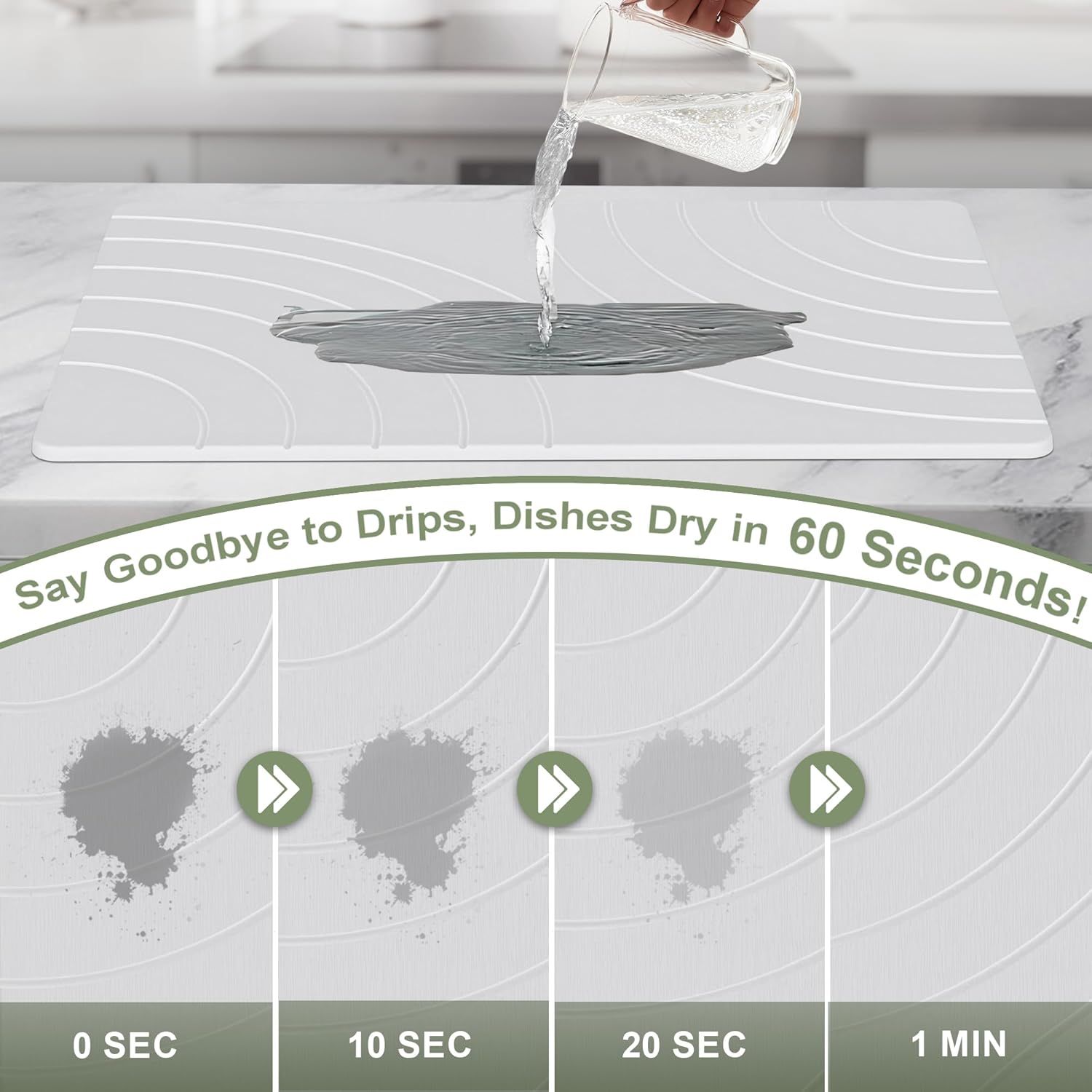 Large Stone Drying Mat for Kitchen Counter, 24" × 16" Diatomite Dish Drying Mat, Quick Dry Stone Mats, Ultra Absorbent Natural Diatomaceous Earth Mats for Dished, Bottles, White