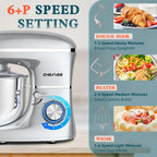 CHeflee Stand Mixer,660W 6+P With 6.5QT Stainless Steel Bowl,Dough Hook, Wire Whip & Beater,for Most Home Cooks,Silver