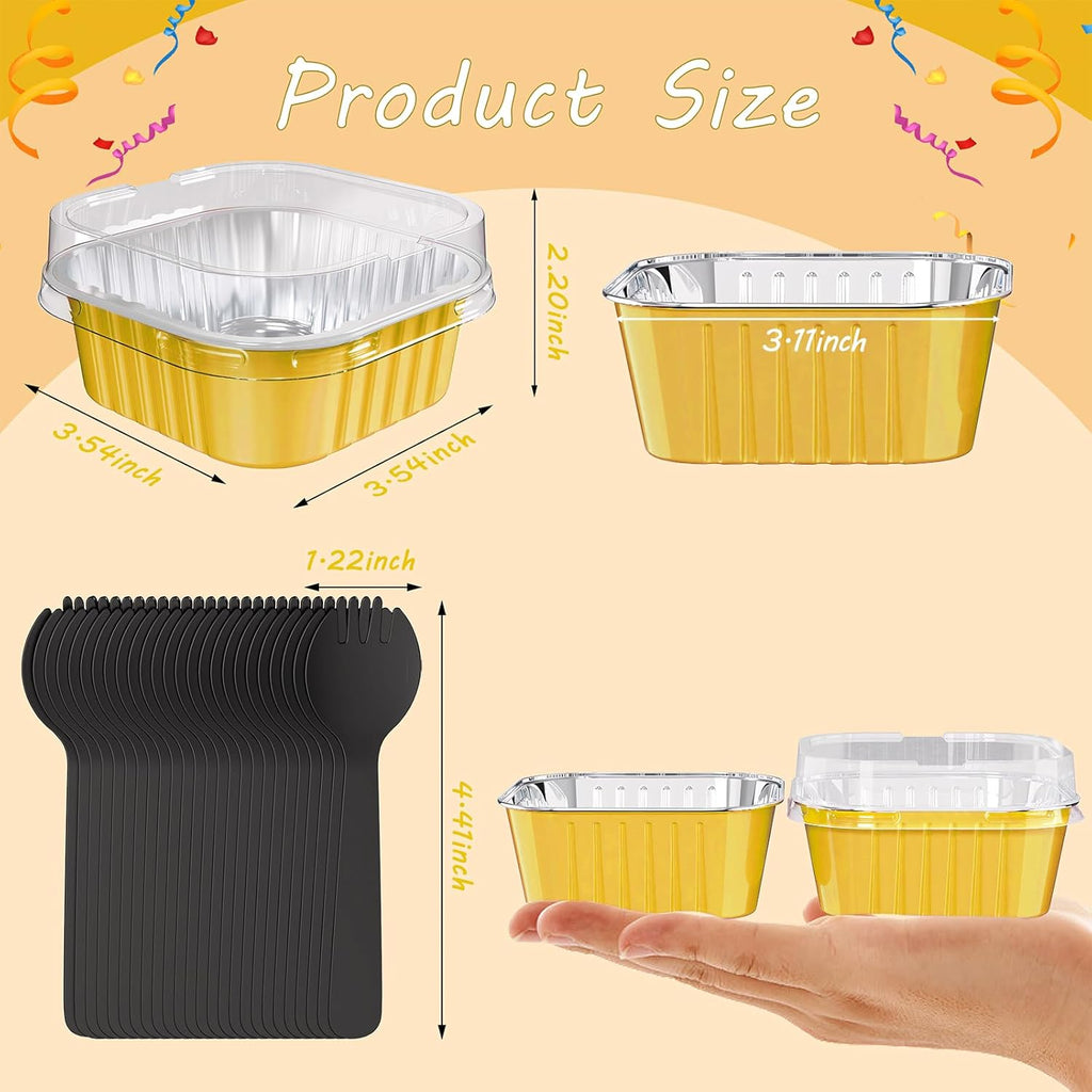 25 Pack Square Mini Cake Pans with Lids,Mini Loaf Pans with Lids,Aluminum Foil Baking Cups,Disposable Ramekins Cupcake Cups,Dessert Cups for Wedding Birthday Party Picnics,5oz (Gold)