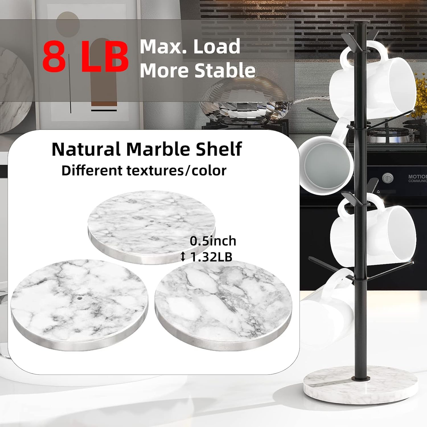 Marble Mug Holder Tree, 8 Hooks Coffee Cups Stand, New Upgraded Stable Mug Stand for Kitchen Counter Cabinet Cafe Black