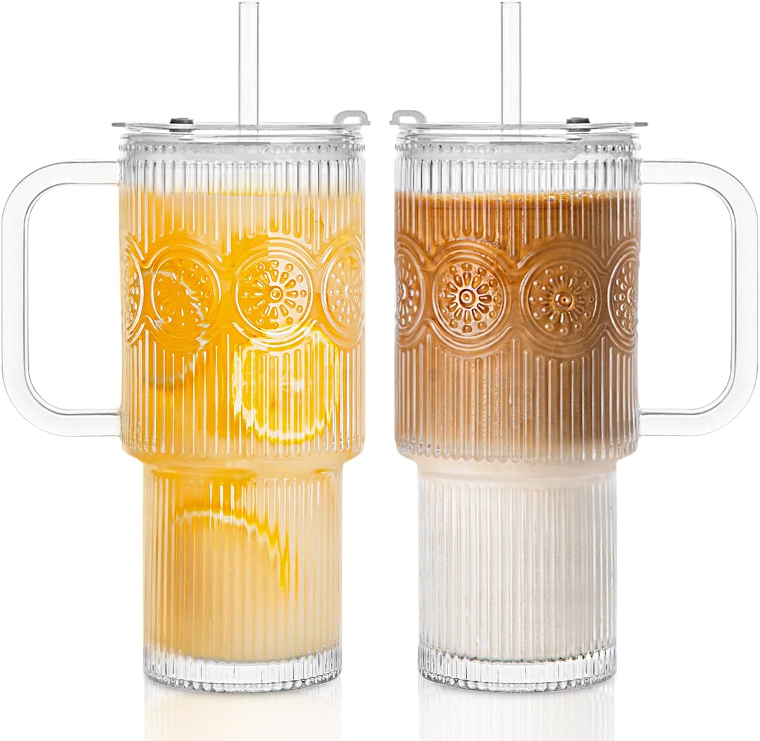 INSETLAN 26oz Ribbed & Floral Glass Tumblers with Handle and Lid, Set of 2 –Reusable Iced Coffee Cups with Straw, Glass Mugs for Water, Smoothies, Tea, and Juice – Ideal for Travel & Daily Use