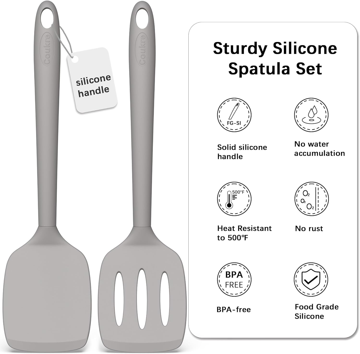 Coukre 2 Pack Silicone Spatula Set, High Heat Resistant, BPA Free Kitchen Spatula, Solid & Slotted Turner for Non-Stick Pans, Sautéing, and Flipping (2, PureGray)