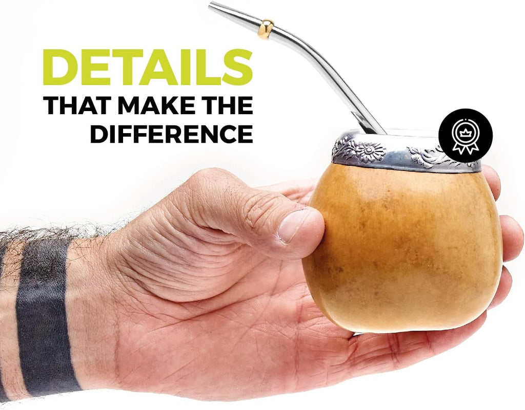 BALIBETOV Yerba Mate Gourd Set (Original Natural Handmade Yerba Mate Cup Argentina) - Includes Mate Tea Cup, Bombilla (Mate Straw) and Clean Brush - Classic Mate Cup and Bombilla Set (Suela)