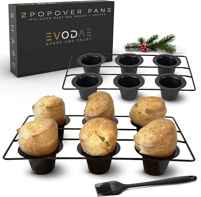 EVODAE® Popover Pans in Holiday Gift Box – Set of 2, 12 Cup (2x6) Nonstick Pro-Grade Carbon Steel Bakeware – Strong Built Metallic Cups – PFOA & PTFE Free – Great Gift for Bakers & Holiday Meals