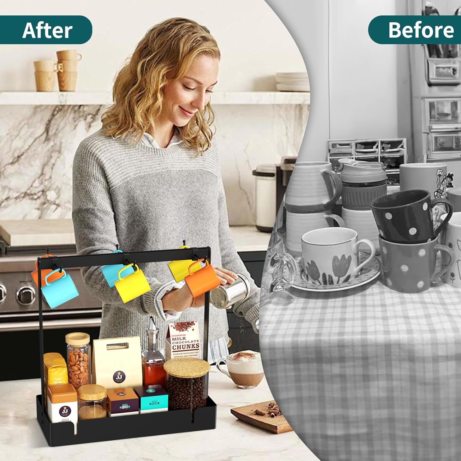 Coffee Mug Holder with Movable Hooks, 6-Mug Capacity Countertop Coffee Cup Rack with Storage Base