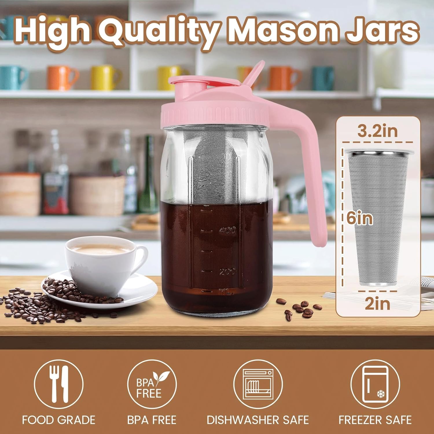 Cold Brew Coffee Maker,32 oz Mason Jar Pitcher with Stainless Steel Filter, Pour Spout Handle Lid, Heavy Duty Glass Airtight & Leak-Proof Pitcher for iced coffee Tea Lemonade-Pink