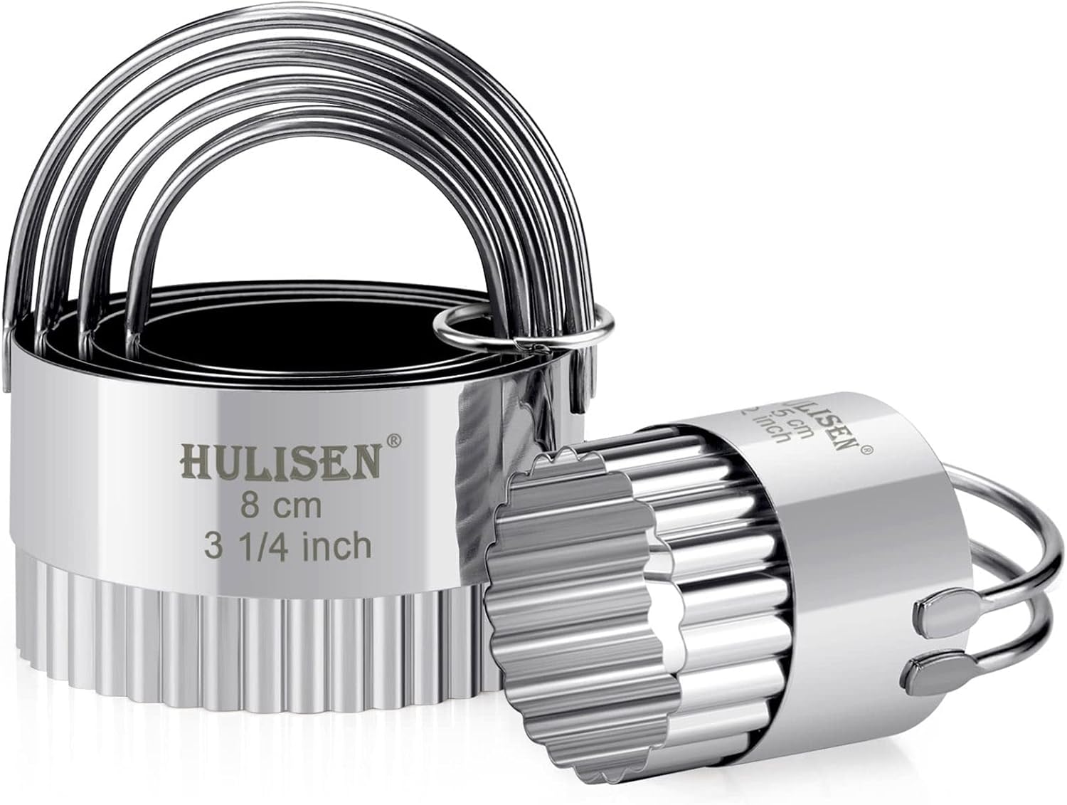 HULISEN Biscuit Cutter Set (5 Pieces/Set), Stainless Steel Round Biscuit Cutters with Handle, Wave Cookies Cutter with Fluted Edge, Professional Baking Dough Tools, Gift Package (Wave)