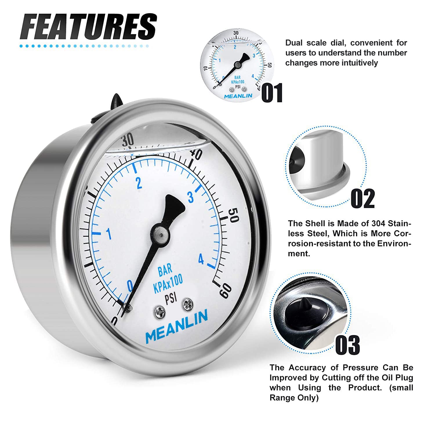 MEANLIN MEASURE 0~60Psi Stainless Steel 1/4" NPT 2.5" FACE DIAL,Liquid Filled Pressure Gauge,Pool Sand Filter Pressure Test Back Mount(Pack of 2) with 1/4" x 1/2" NPT and 1/4" x 3/8" NPT Hex Bushing