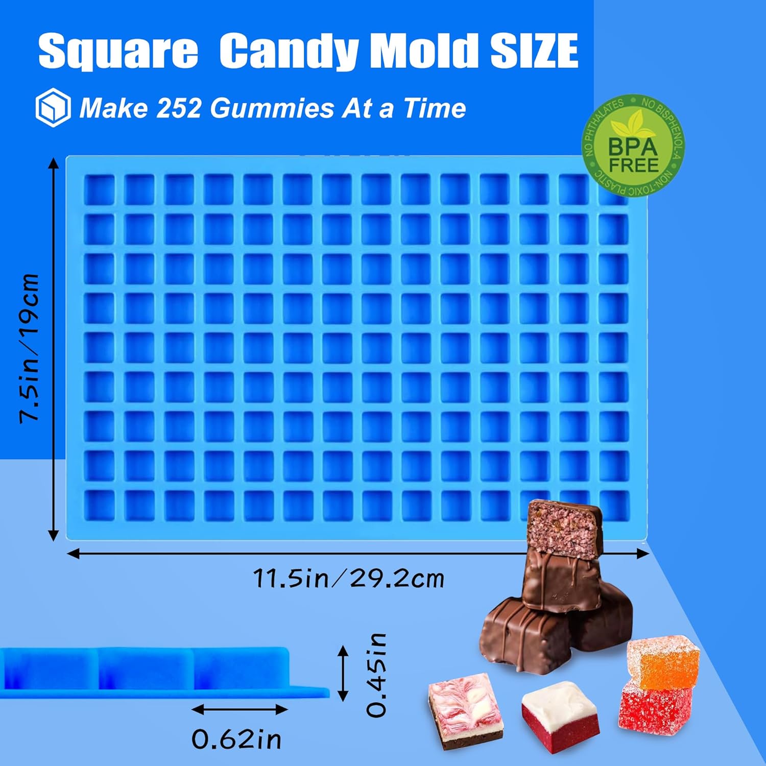 50 Cavities Mini Square Silicone Candy Molds -Square Hard Candy Mold for Hard Candy, Chocolate, Gummy, Caramel, Ganache, Ice Cubes.2 Packs- Blue&Green