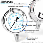 MEANLIN MEASURE 0~4000Psi Liquid Filled Pressure Gauge Stainless Steel with 316 Stainless Steel Joint 1/4" NPT 2.5" FACE DIAL for WOG Water Oil Air Lower Mount
