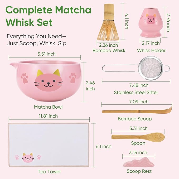 Matcha Whisk Set, 8Pcs Matcha Set for Ceremony, Matcha Whisk and Ceramic Bowl with Matcha Scoop & Sifter and All Accessories for Breakfast, Afternoon Tea, Ideal Gift Christmas, Anniversary