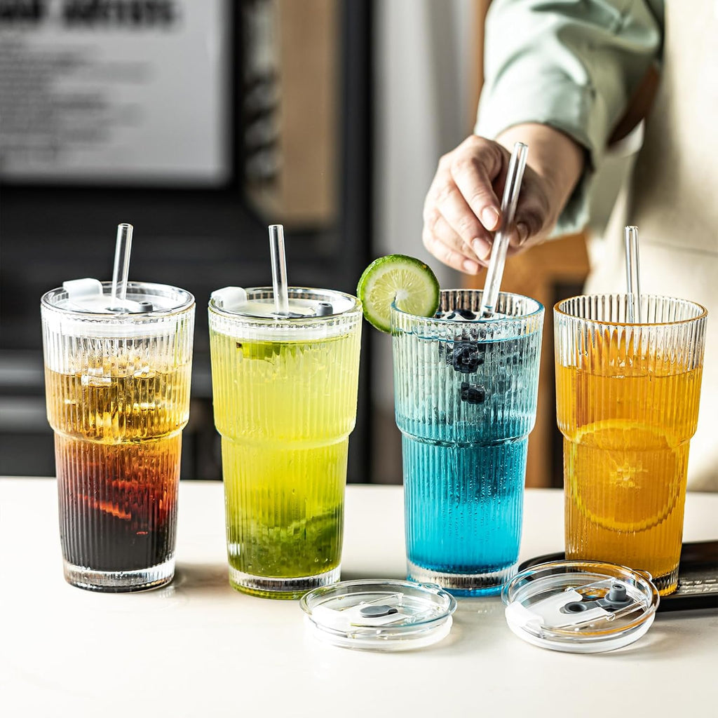 20oz Ribbed Drinking Glasses with Lids and Glass Straws-Thickened Glass cup -Vintage glass straw cups- Ideal for Iced Coffees, Cocktails, Juices, Family Use and Parties (4)