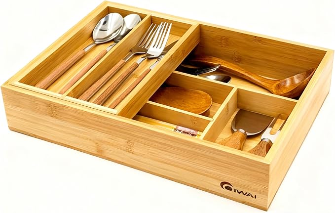 2-Tier Drawer Organizer with Removable Cutlery Tray Kitchen Utensil Silverware Drawer Organizer, Silverware Tray for Drawer Utensil Holder Bamboo Flatware Box for Utensils Stationery Cosmetics (M)