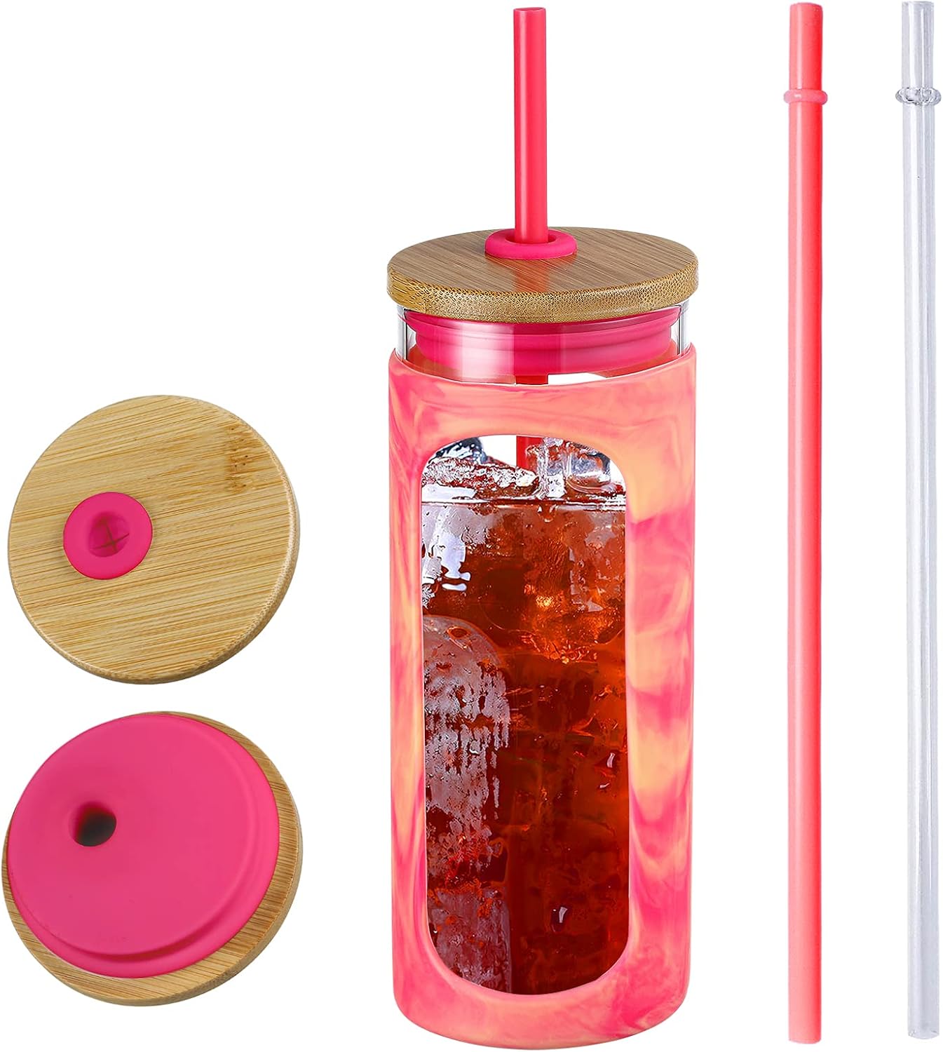 Kodrine 20oz Glass Tumbler with Straw and Lid, Iced Coffee Cups with Bamboo Lids, Glass Cups for Cold Drinks, Smoothie Cup with Silicone Sleeve for Travel, Work, BPA FREE-Red Yellow