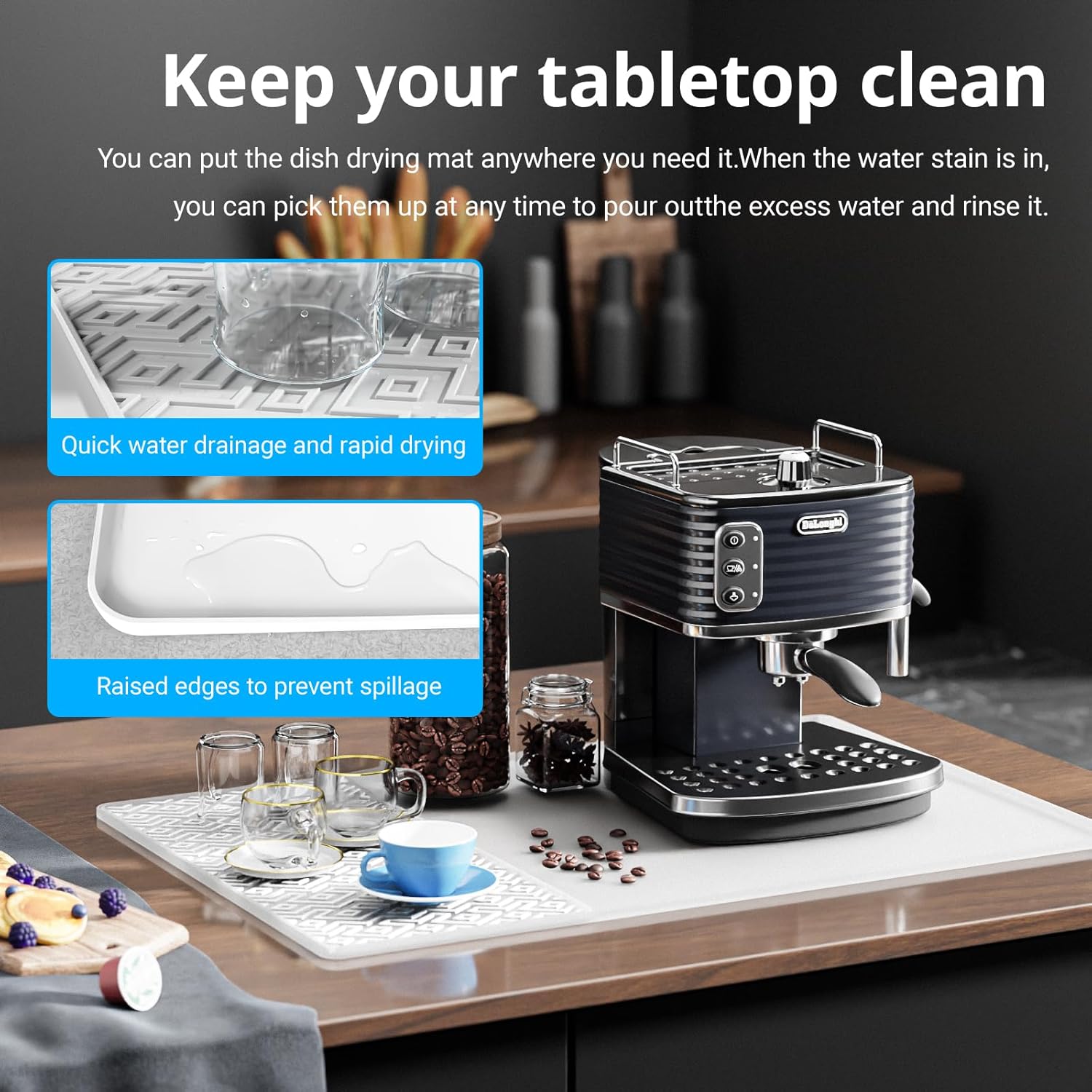 Silicone Coffee mat 24''x16'' – Non-Slip Bar Mat with Detachable Drying Layer for Espresso Machines, Countertops & Dish Racks