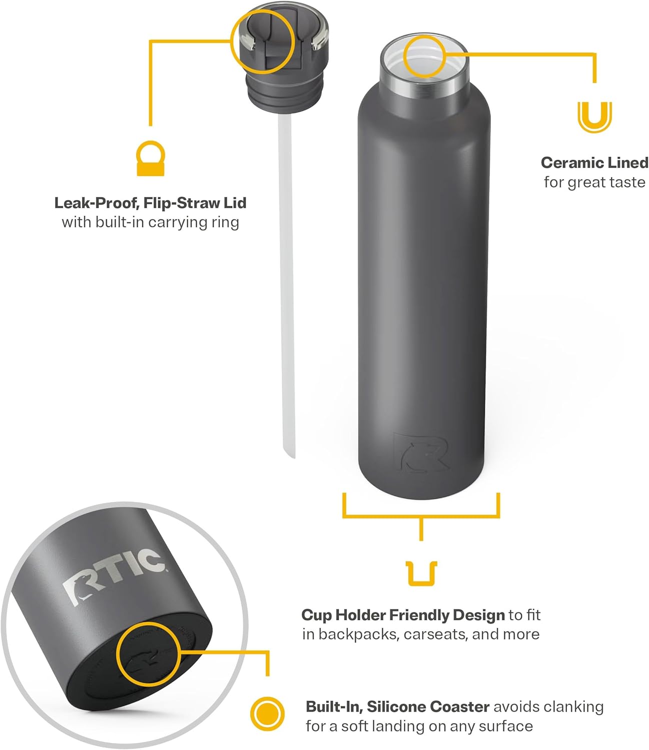 RTIC 26oz Journey Bottle for Water, Metal Stainless Steel Vacuum Insulated, BPA Free, Reusable, Hot and Cold Drinks, Travel, Sports, Camping, Graphite