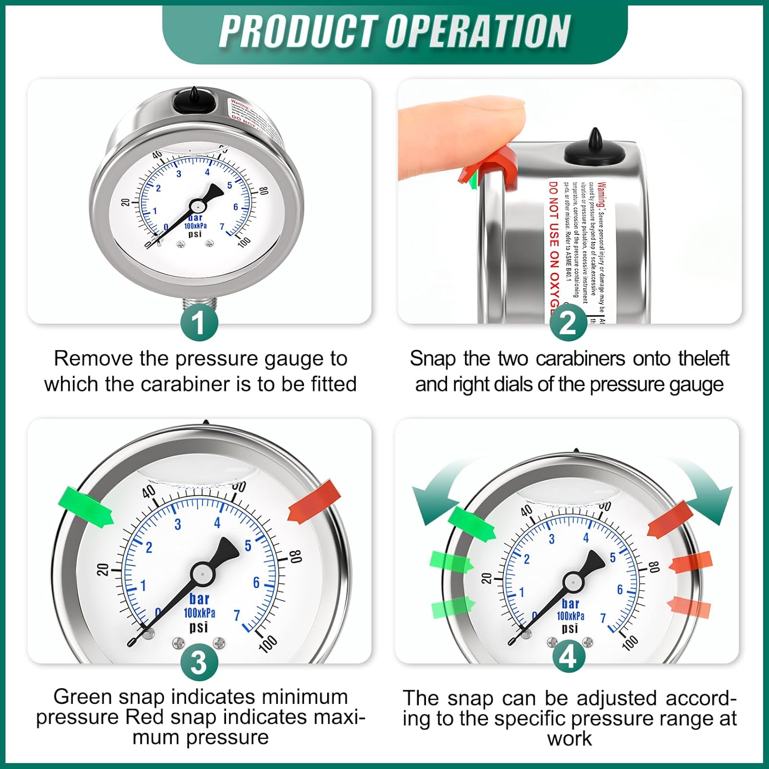 0-100PSI Stainless Steel Liquid Filled Pressure Gauge, 2.5" Dial Size, 1/4" NPT 316 Stainless Steel Joint, Lower Mount, for Tube, Water Pump, Gas, Liquid (with Range Mark Pointer)
