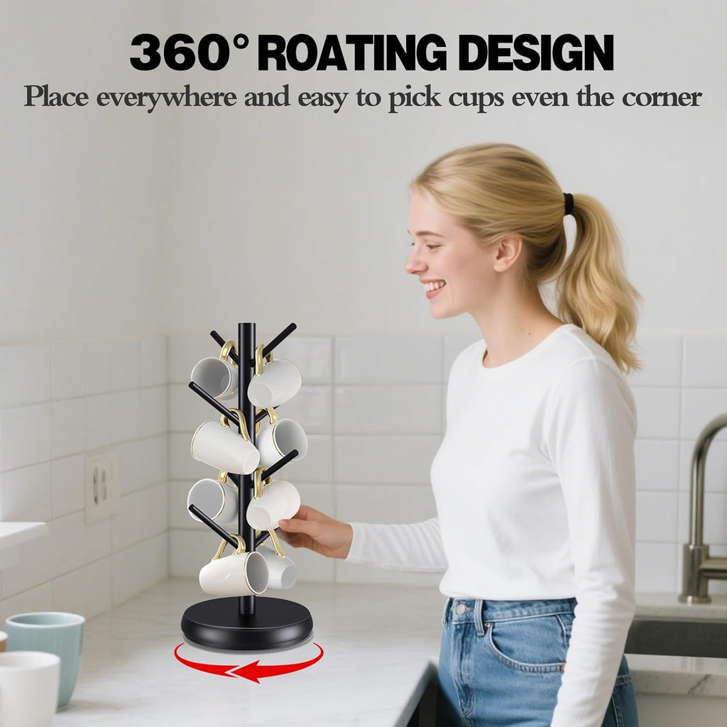 Mug Holder Tree,New Upgraded 360° Rotated 8 Hooks Coffee Cup Holder for Counter,Sustainable Wood Mug Rack Standing for Coffee Bar Accessories and Kitchen Home Organizer(Black)