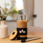 Pandaloo® Glass Cups With Lids and Straws -20 Fl Oz- Hand Made cool shell-raffia detail- Perfect Size Iced Coffee Cup - Smoothie Cup - BPA Free - (Mogador Vibe, 1 Count (Pack of 1))