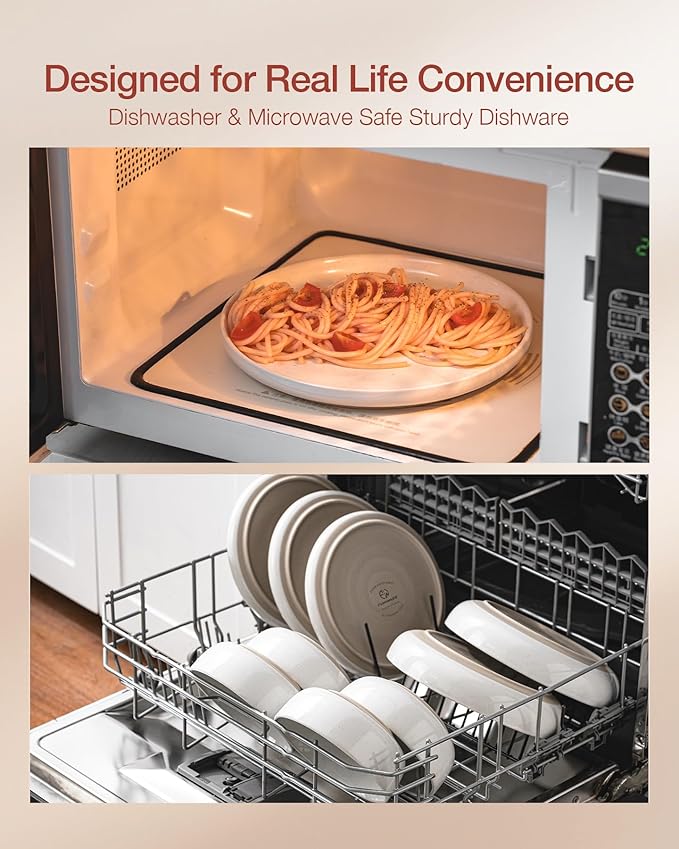 Famiware Milkyway Stoneware Dinnerware Sets with Pasta Bowls, Service for 6 (24 Pieces), Plates and Bowls Sets -Scratch Resistant, Microwave and Dishwasher Safe Dishes Set, White