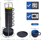 MIAMIO - 2.5 oz Espresso Cup Set with Saucers Coffee Mug Set of 6 - Ceramic Coffee Mug Stackable Espresso Mug with Stand for Coffee Drinks, Latte, Cafe Mocha - Le Papillon Collection (Colorful)