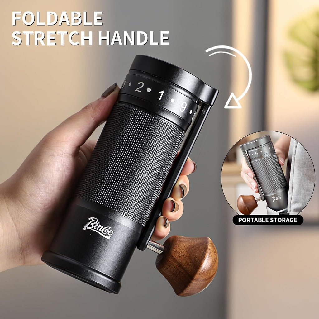 Bincoo Foldable Manual Coffee Grinder with External Adjustable Setting,Coffee Bean Grinder with Portable Storage Bag,Stainless Steel Burr Grinder Suitable for Home, Office and Travel for Use (Black)