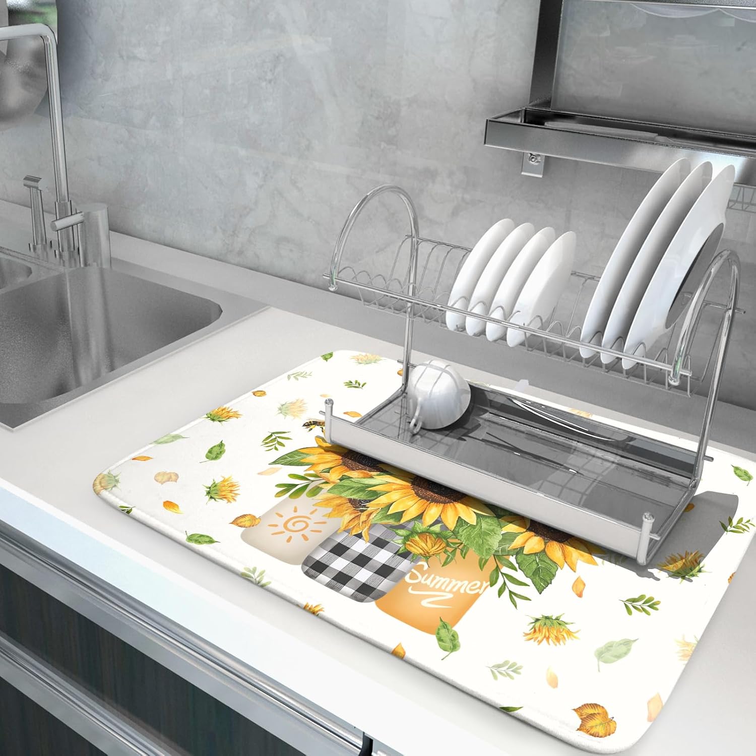 Giwawa Sunflower Vases Dish Drying Mat for Countertop, 18"x24" Summer Bee Floral Mason Jar Dish Drainer Mats, Fast Dry Microfiber Reversible Large Dish Drying Pad Kitchen Decoration
