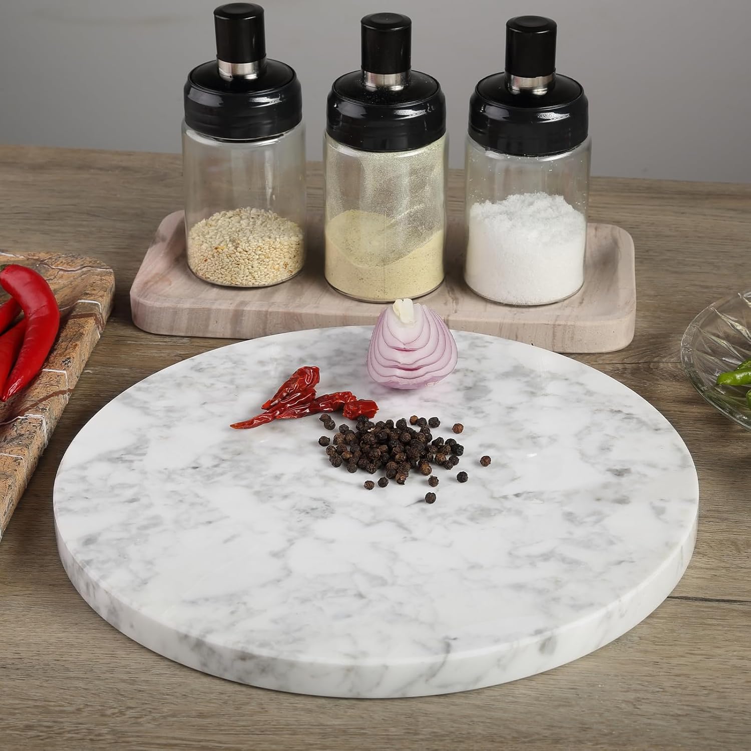 Koville Italian Natural Marble Cutting Board for Kitchen, 11inch Round Hand Crafted Marble Slab for Cheese, Charcuterie, Pastry Board - Wedding Gift, House Warming Gift(Bianco Carrara)