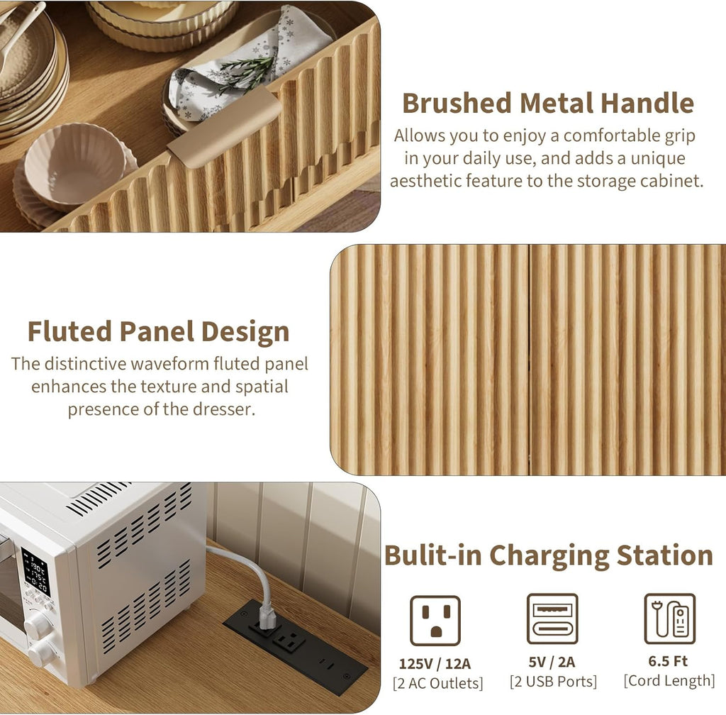 QUW Fluted Sideboard Buffet Cabinet with Charging Station, 47.2" Kitchen Storage Cabinet with Drawers and Adjustable Shelves, Modern Coffee Bar Kitchen Table for Dining Room, Living Room, Natural Oak