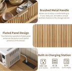 QUW Fluted Sideboard Buffet Cabinet with Charging Station, 47.2" Kitchen Storage Cabinet with Drawers and Adjustable Shelves, Modern Coffee Bar Kitchen Table for Dining Room, Living Room, Natural Oak