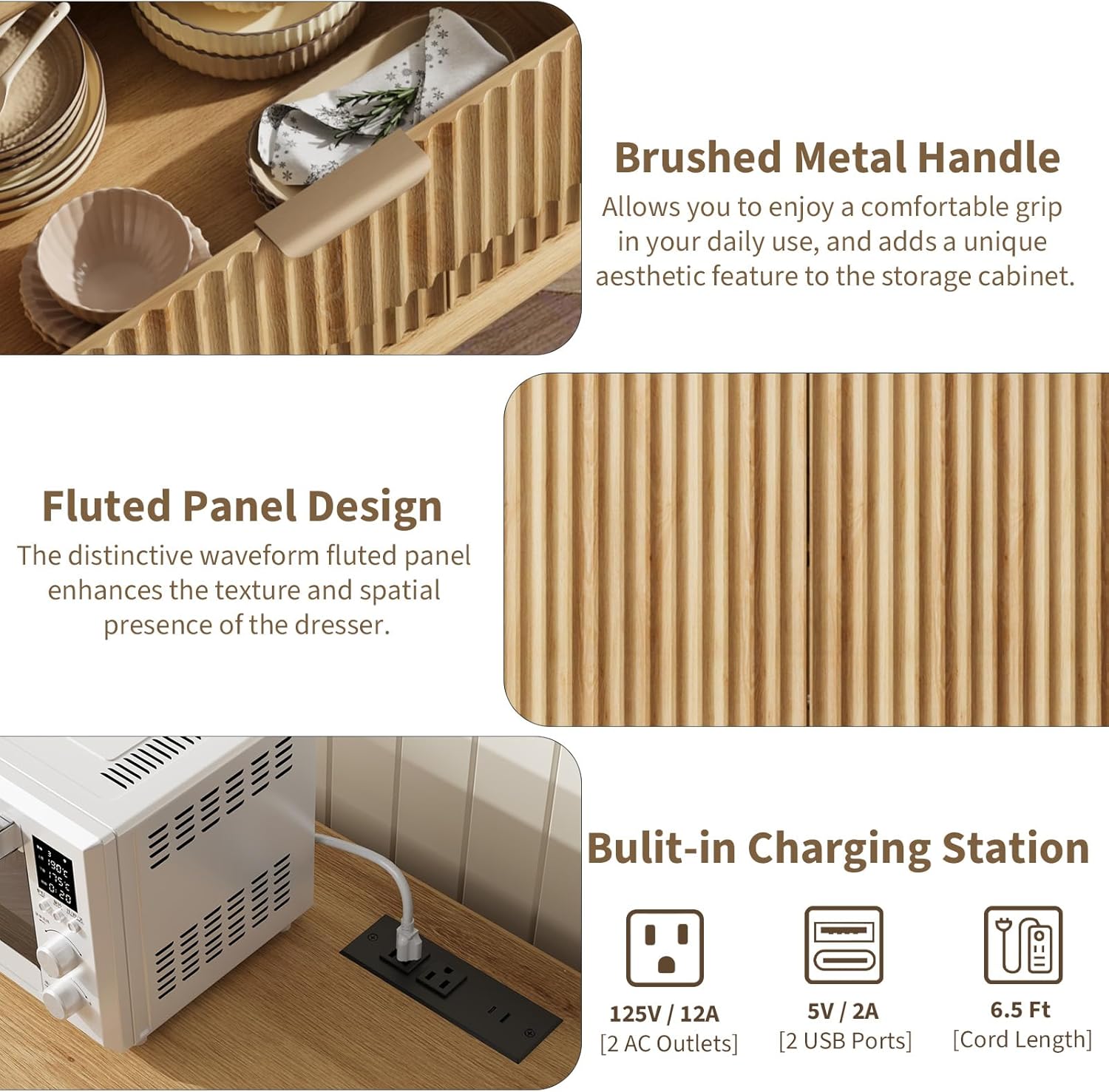 QUW Fluted Sideboard Buffet Cabinet with Charging Station, 47.2" Kitchen Storage Cabinet with Drawers and Adjustable Shelves, Modern Coffee Bar Kitchen Table for Dining Room, Living Room, Natural Oak