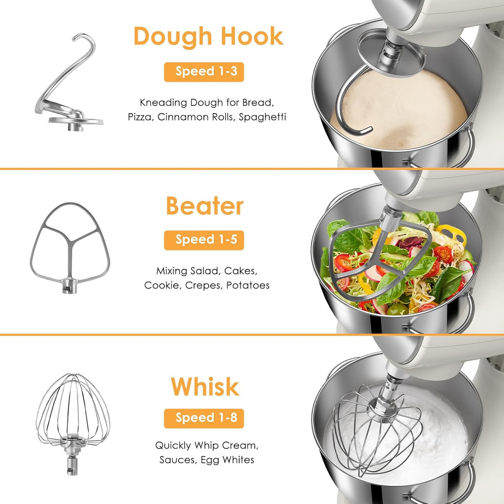 ZACME Mixers Kitchen Electric Stand Mixer 5.5QT 600W, Aluminum die casting and Gears, Dual Cooling System, Low Noise, DC Motor, LED Display and Timing Function, Tilt-head Metal Food Mixer, White