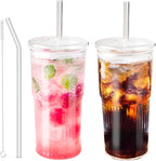 Glass Tumbler with Straw and Lid, 20 OZ Clear Iced Coffee Glasses Cups for Ice Water, Juice, Tea, Milk, Smoothie and Cold or Hot Drinks, Set of 2