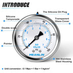 MEANLIN MEASURE 0~100Psi Stainless Steel 1/4" NPT 2.5" FACE DIAL Liquid Filled Pressure Gauge WOG Water Oil Air Back Mount (Pack of 2), with 1/2" NPT and 3/8" NPT Hex Bushing