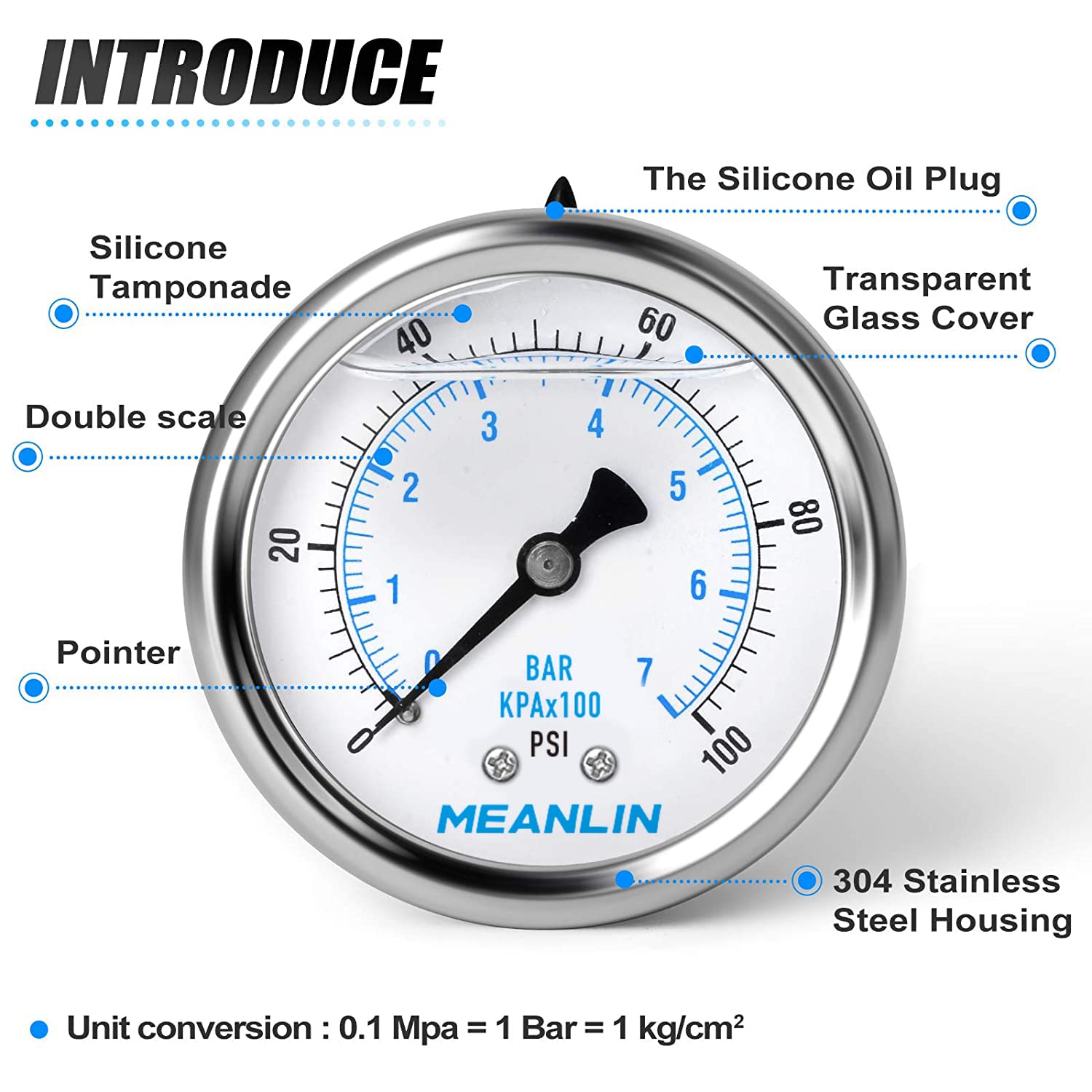 MEANLIN MEASURE 0~100Psi Stainless Steel 1/4" NPT 2.5" FACE DIAL Liquid Filled Pressure Gauge WOG Water Oil Air Back Mount (Pack of 2), with 1/2" NPT and 3/8" NPT Hex Bushing